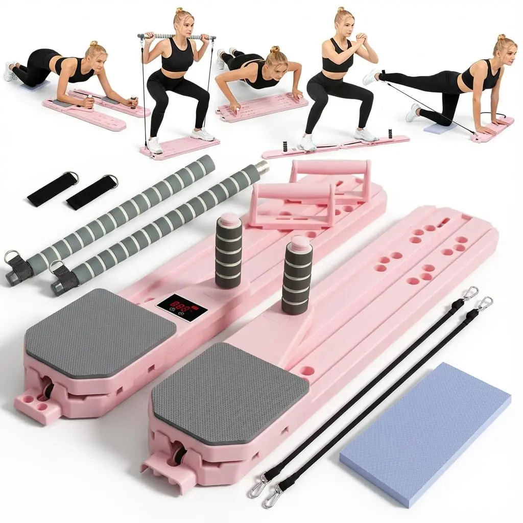 Foldable Pilates Reformer Board - Multi-Function Home Workout Equipment with Digital Timer, Resistance Bands for Full-Body Training in Small Spaces