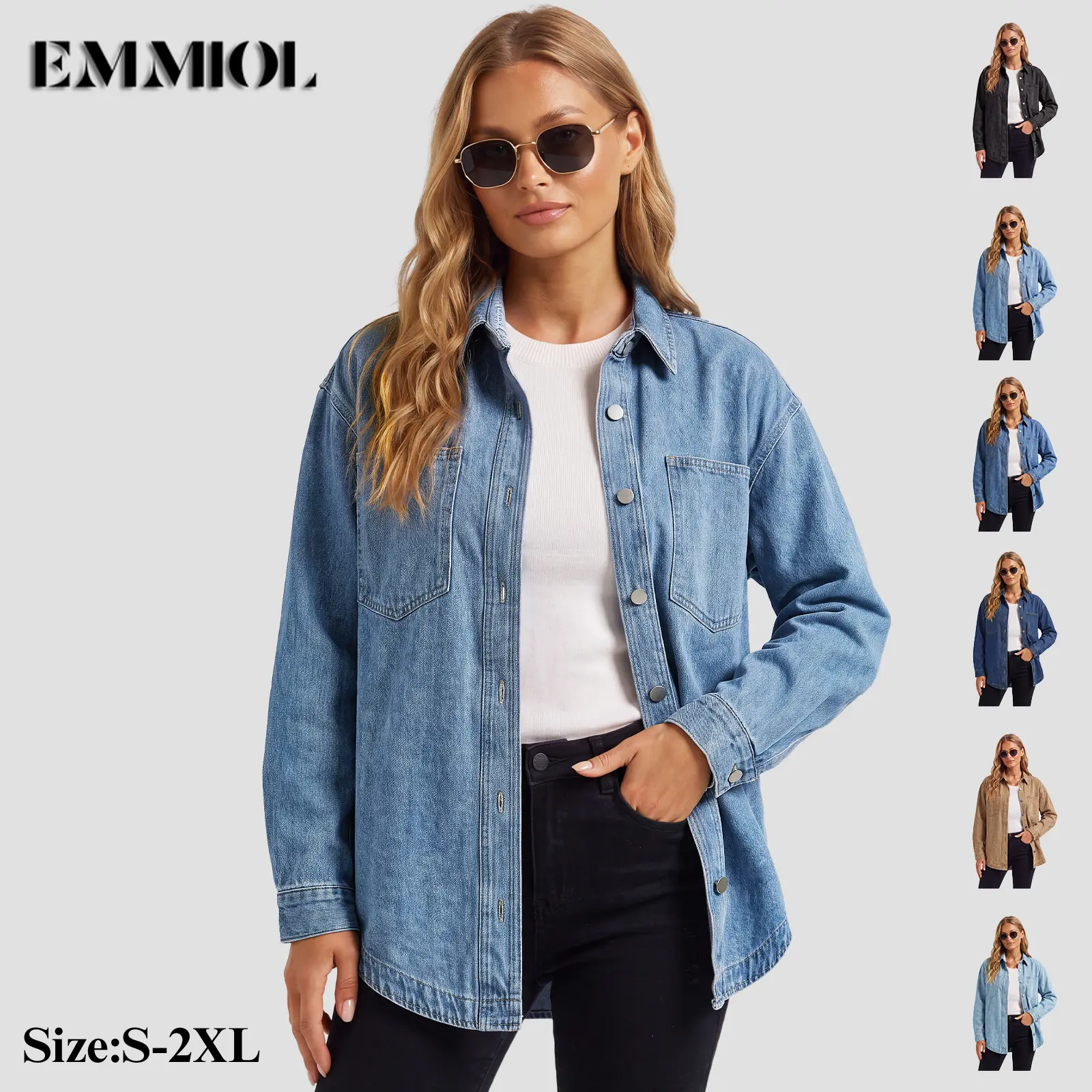 EMMIOL Women Oversized Denim Shirt Jacket Denim Shackets Long Sleeve Button Down Distressed Vintage Blue Jean Jacket Streetwear Summer Vibes Back to School Casual Basic SohoChic Womenswear