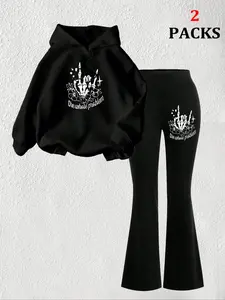 Women's Floral Skull Graphic Knit Warm Sweatshirt + Slim Fit Comfortable Flared Bell Bottom Pants Set, Casual Fall Winter