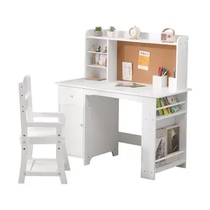 Study Desk and Chair Set with Bookshelf, Bulletin Board, and Cabinets - Ideal for Boys and Girls Ages 3-8 White