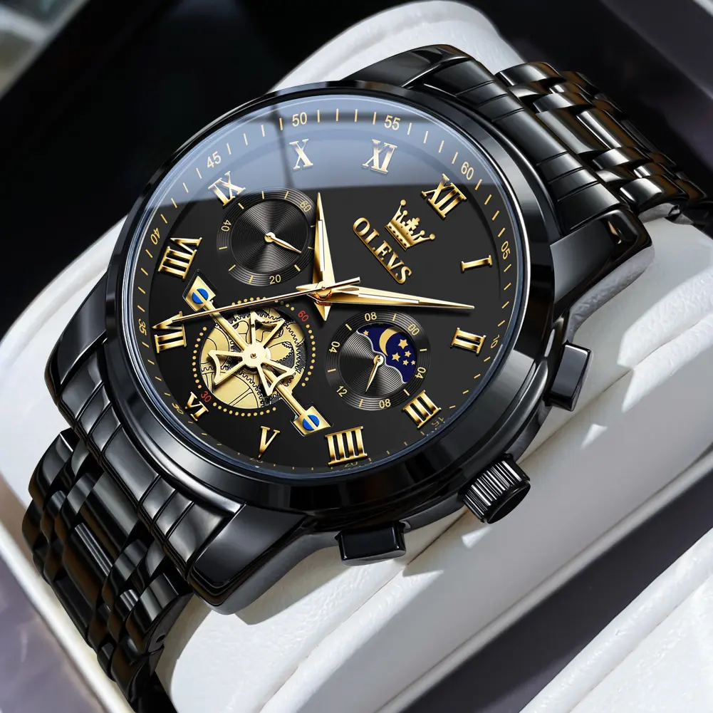 OLEVS Men's Luxury Business Chronograph Quartz Watch Black Stainless Steel Waterproof Luminous Roman Numerals Analog Wristwatch Mechanical Style 30M Waterproof Fashion Casual Trendy Male Watch Set Perfect Birthday Anniversary Gift with for Men 2859