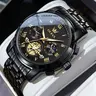 OLEVS Men's Luxury Business Fashion Watch - Analog Quartz, Black Stainless Steel, 30M Waterproof, Luminous Roman Numerals, Mechanical Style, Casual Trendy Men's Accessories Set, Perfect Birthday Gifts for Him Mens Gifts
