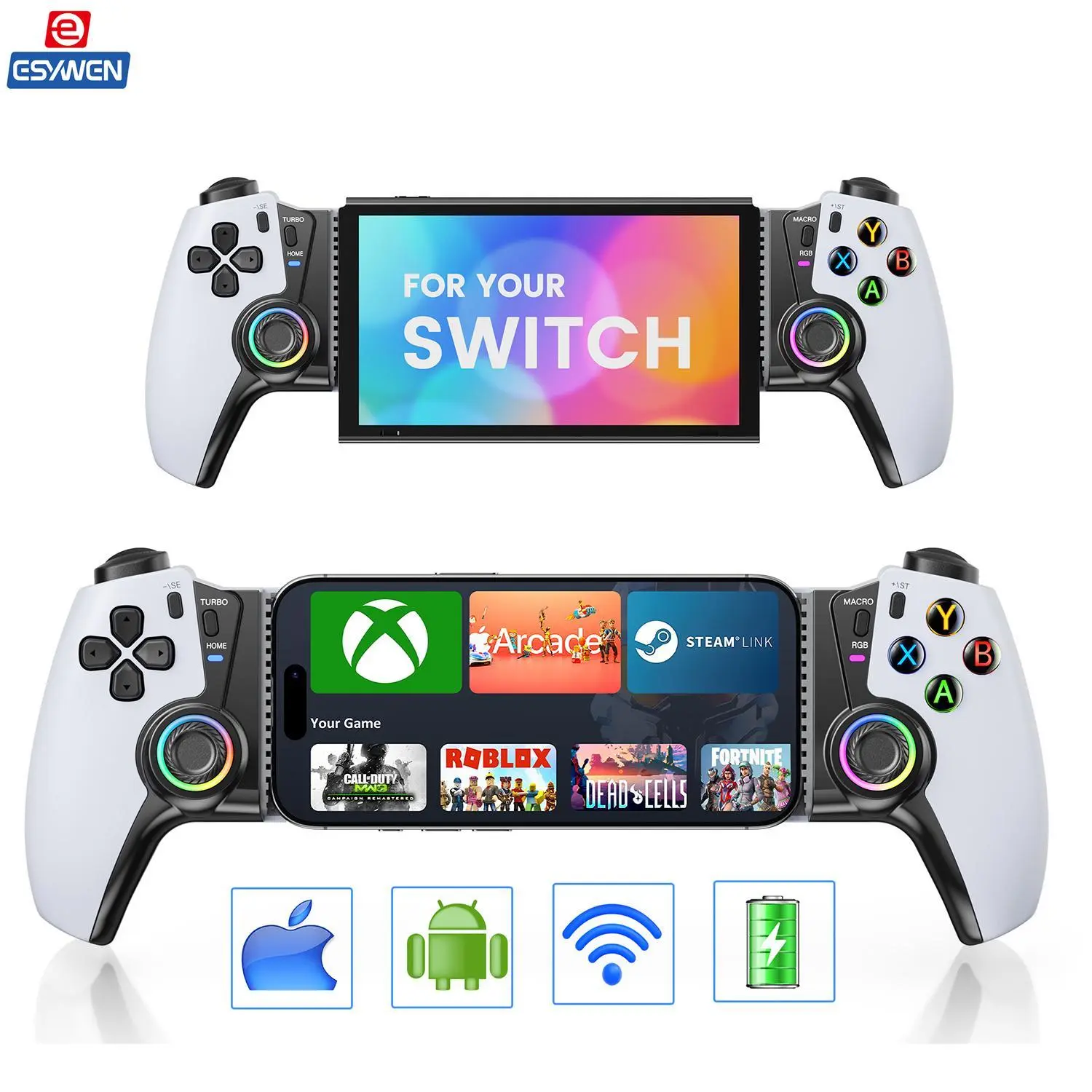 ESYWEN Mobile Gaming Controller for iPhone/Android & Switch 1/2, Bluetooth Wireless, Programmable Joysticks, 14H Playtime, Adjustable Turbo, 6-Axis Gyro, White Console