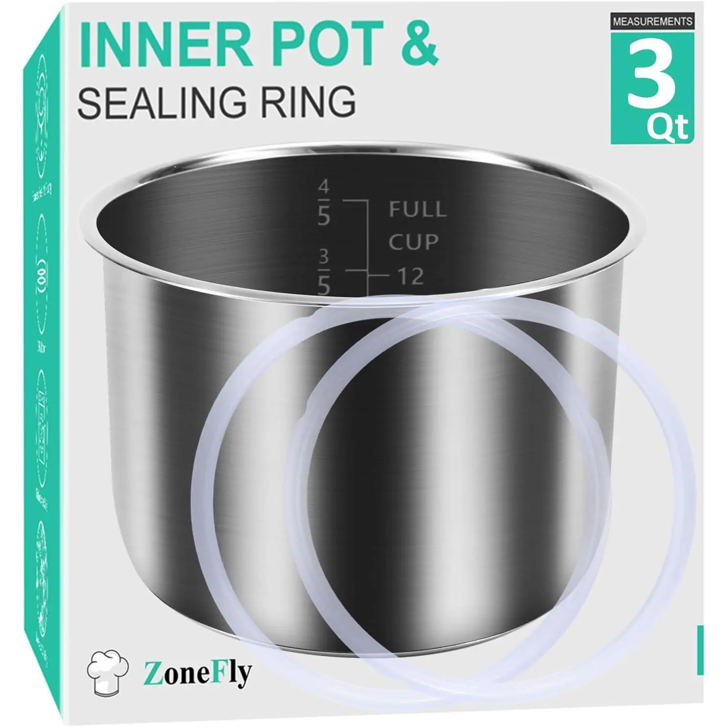 for Instant Pot 3 Qt Inner Pot Replacement insert, Stainless Steel Cooking Pot Liner with Polished Surface & Easy to Clean - 3Quart Instapot Rice Cooker Accessories, Includes 2pcs Seal Rings