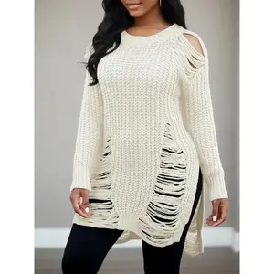 Women’s plain ripped drop-shoulder sweater with split hem, street fashion long-sleeve crewneck jumper for daily outdoor wear, women’s knitwear for fall and winter