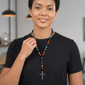 Fashionable Colorful Natural Stone Cross Rosary Necklace