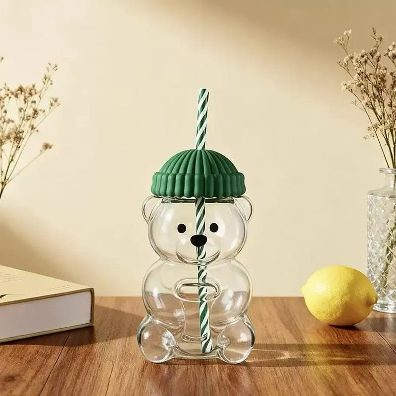 Cute Bear Straw Glass Cup,starbear cup,the milk cup ,ice coffee glass,Reusable Portable Washable Water Bottles holiday collection new straw cup