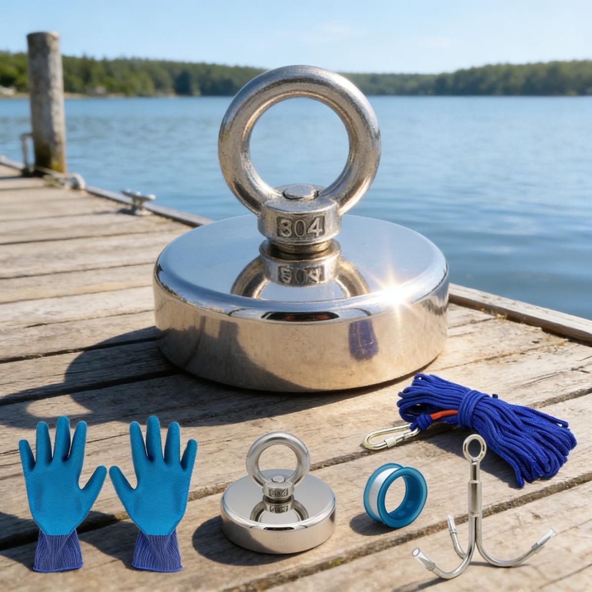 N42 Neodymium Fishing Magnet 675LB Pull Force 75mm Diameter Heavy Duty Lifting Magnet with 20M Rope Grappling Hook Complete Kit for Underwater Salvage Treasure Hunting