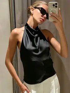 Women's Satin Halter Tops Y2K Sexy Corset Crop Tanks & Camis Summer 2026 Ladies Fashion Backless Sleeveless Tank Tops Black White Orange Pink Yellow Brown Purple Green Top Elegant Evening Party Prom Top Women