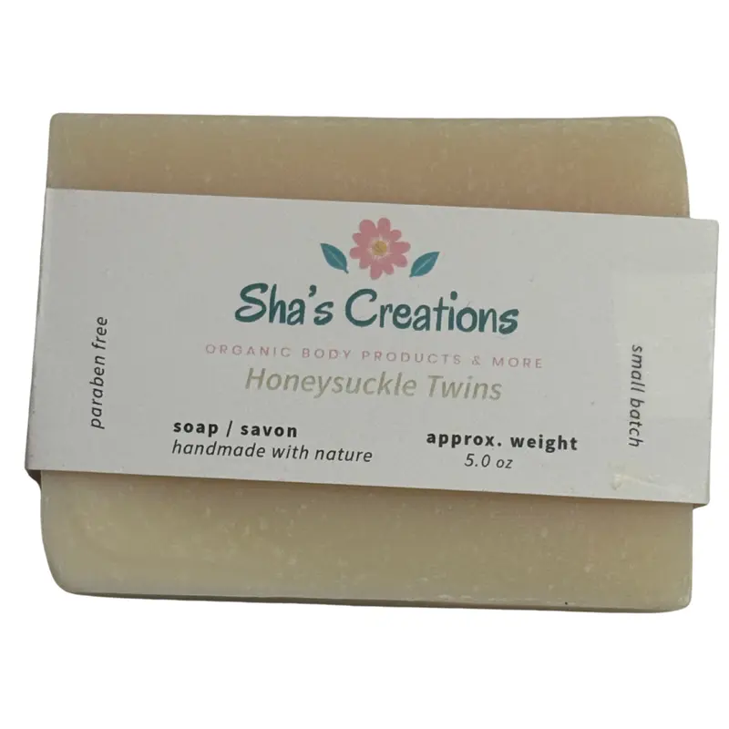 Sha's Organic Skincare Honeysuckle Twins Therapeutic 5oz Coconut Oil Solid Bar Soap - Exfoliate, Cleansing, Hydrating Bath & Body Cleanser for Normal Skin Repair, Gentle Chemical-Free (Single, 24 Months Shelf Life, Soft Smooth After Use)