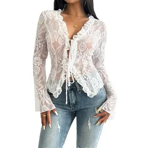 Women's Y2K Hollow Perspective Mesh Lace V-Neck Cardigan Long Sleeve Top