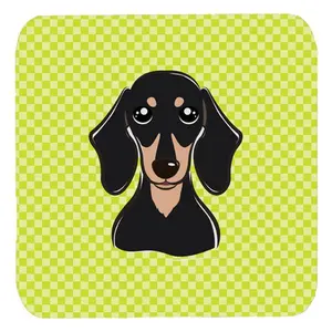 Carolines Treasures  3.5 x 3.5 In. Checkerboard Lime Green Smooth Black And Tan Dachshund Foam Coasters- Set Of 4