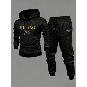 Men's Casual Hooded Track Suit Set - Circuit Board Print with Gold "MILANO Italy" Lettering Fashion Sportswear