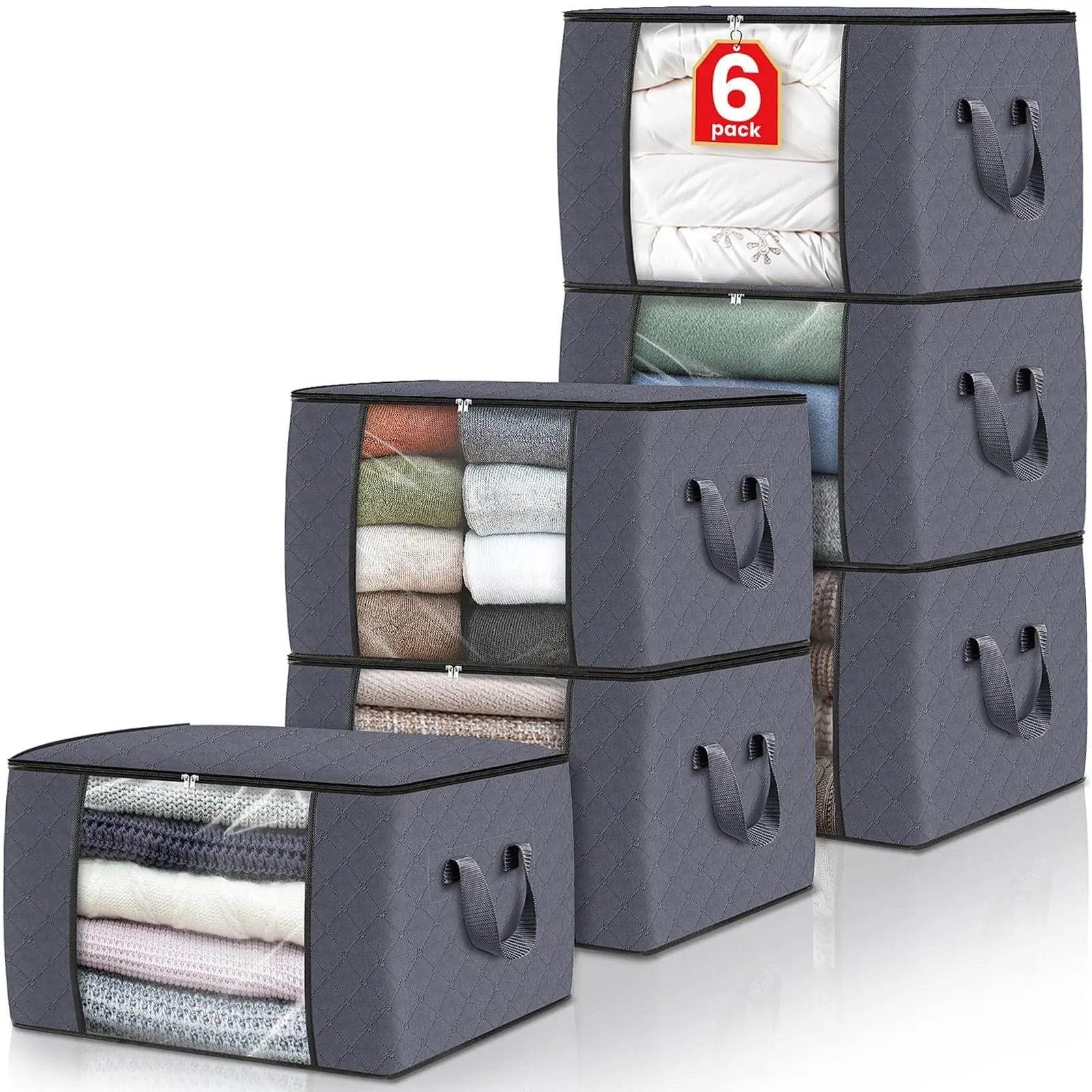 Collapsible Clothing Storage Bags - 6-Pack Large 17 Gallon Foldable Dustproof Zipper Organizers with Clear PVC Window, Reinforced Fabric Handles, Space-Saving Closet & Travel Storage
