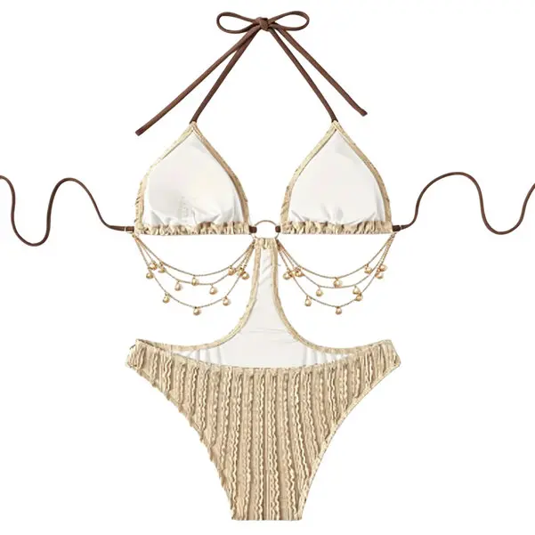 Y2K Halter Neck Chain Cutout Monokini Summer Beach Holiday Swimwear, Sexy Waist Cut Out Textured Bathing Suit Suitable for Beach Vacations & Music Festivals