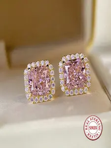 S925 Sterling Silver Pink Cubic Zirconia Stud Earrings, 18K Gold Plated Halo Square Earrings, Hypoallergenic Bridal Wedding Jewelry for Women