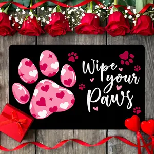 1pc Valentine'S Day Mat with Heart Print, Paw Print, and English Letter Pattern | Machine Washable, Suitable for Living Room, Bedroom, Kitchen, Office, Indoor and Outdoor Entrance, Valentine'S Day Decoration, Room Decoration, Premium Flannel