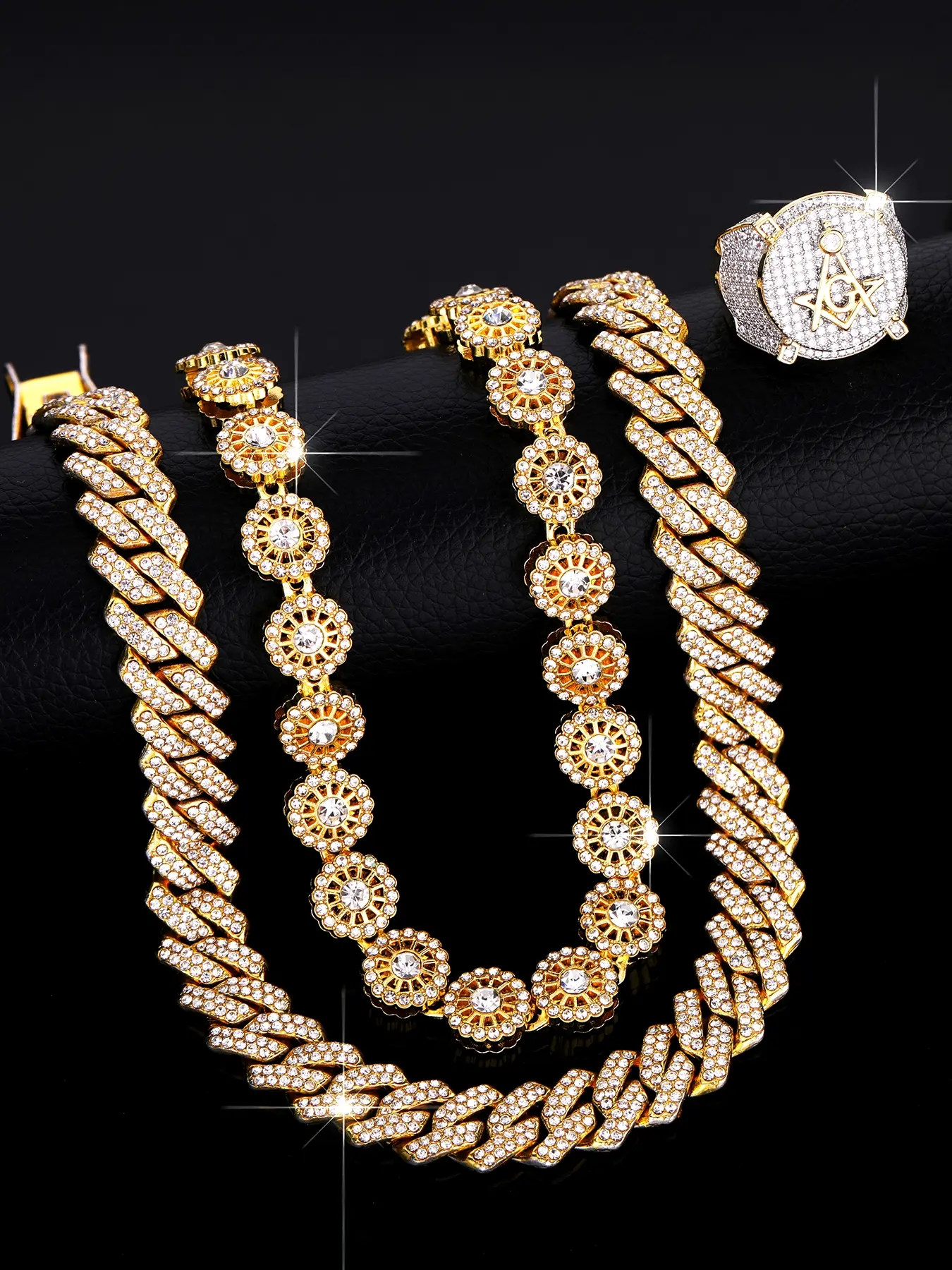 3pcs/set Fashion Sparkling Rhombus Cuban Chain Necklace, Iced Out Blingbling Copper Zircon Letter 'ag' Ring Set, Zirconia Jewelry Set, Valentine's Day Gift