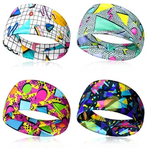 80s 90s Headbands 80s 90s Accessories for Glow Party Retro Print Travel Party Sweatbands Yoga Running Fitness Hair Bands 4Pcs