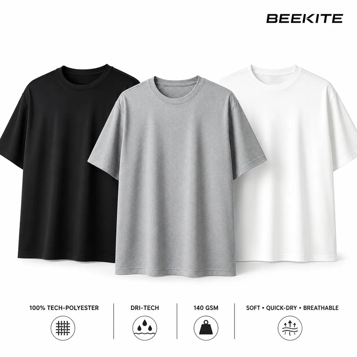 BEEKITE Men's Relaxed Fit Dri-Tech Crew Neck T-Shirt, 100% Techno Polyester, Lightweight 140 GSM Short Sleeve Casual Tee