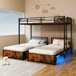 Bellemave Easy Metal Triple Bunk Bed - Rustic Black Single Size Frame with Noise-Reduced Structure, Separates Into 3 Twin Beds, Three Beds
