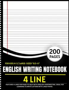 English Notebook 4 Lines: Large 8.5x11 English handwriting practice book for kids, featuring 200 pages with 4-line writing paper