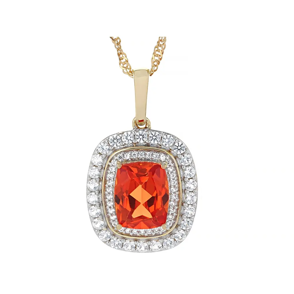 JTV Lab Sunset Sapphire 18k Yellow Gold Over Sterling Silver Double Halo Pendant With Chain 4.11ctw