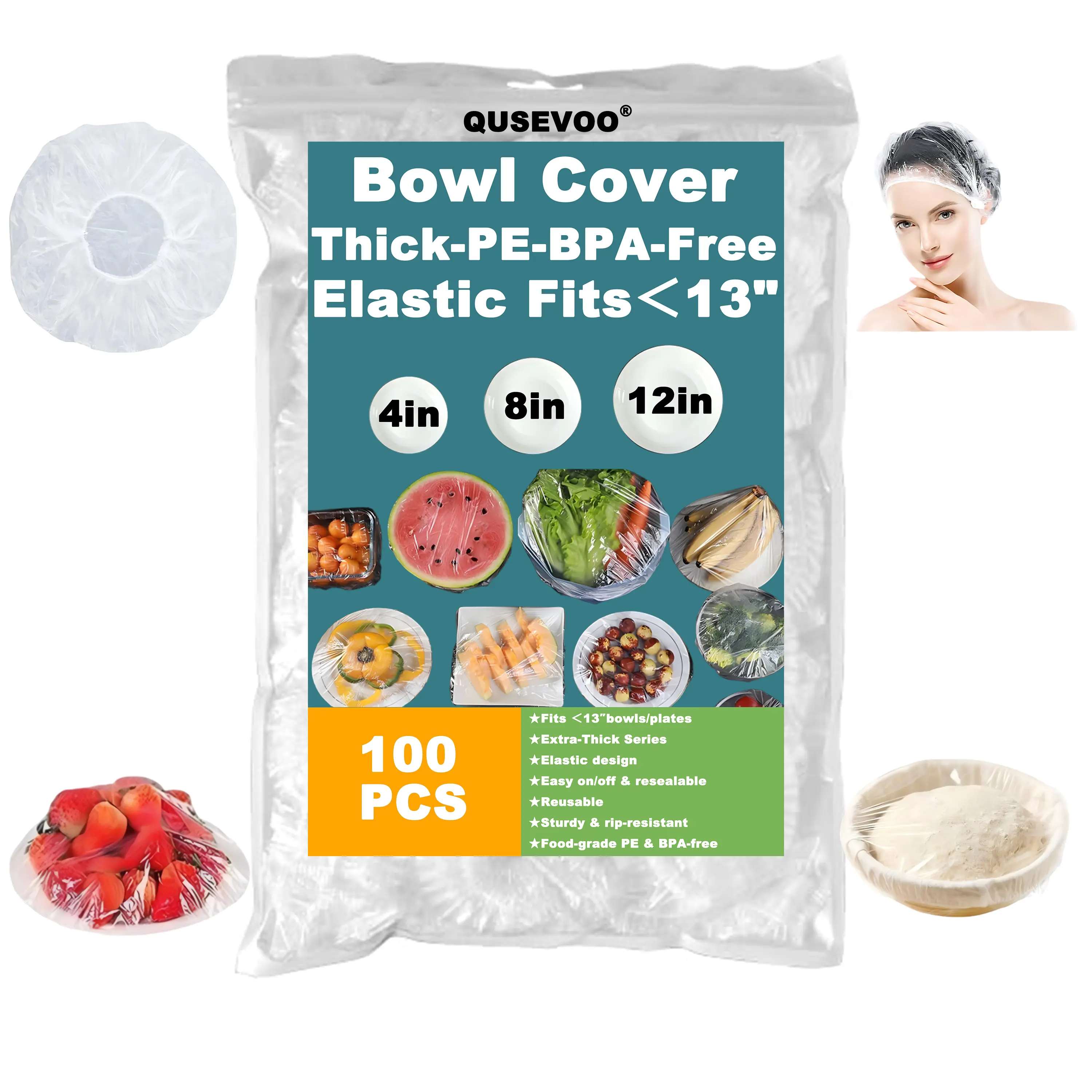 QUSEVOO 100-Count Thickened PE Flexible Food-Grade BPA-Free Microwavable Plastic Covers - Large (Fits Up to 13in), Elastic Fit Safe-Seal Reusable Kitchen Lids for Food Storage, Sourdough Banneton Proofing