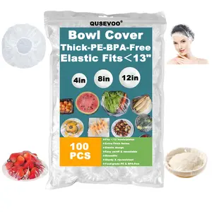 QUSEVOO 100-Count PE Flexible Food-Grade BPA-Free Microwavable Plastic Lids - Large (Fits Up to 13in) Elastic Reusable Safe-Seal Kitchen Lids for Food Storage, Sourdough Banneton Proofing, Cleaning