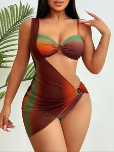 Women's Ombre Print Ring Linked Bikini Set, Casual Adjustable Strap Swim Top & Swim Bottom & Cover Up Skirt Set, Ladies Swimsuit for Beach Holiday Vacation, Color Block Bikini