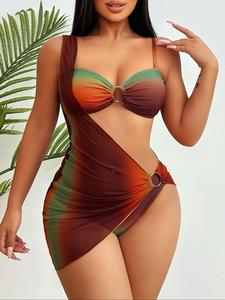 women's ombre print ring linked bikini set, casual adjustable strap swim top & swim bottom & cover up skirt set, ladies swimsuit for beach holiday vacation, bikini top trunks