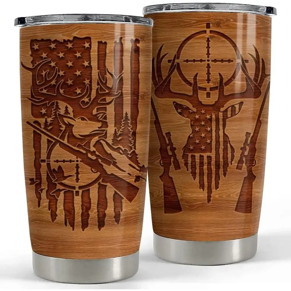 20oz Stainless Steel Thermal Insulated Vacuum Flask - Insulated Bottle with Lid, Portable Metal Drinkware, Rustic Wood Grain Watercolour Stripes American Flag Deer Hunting Design, Fathers Day Gift for Hunter Men, Mug