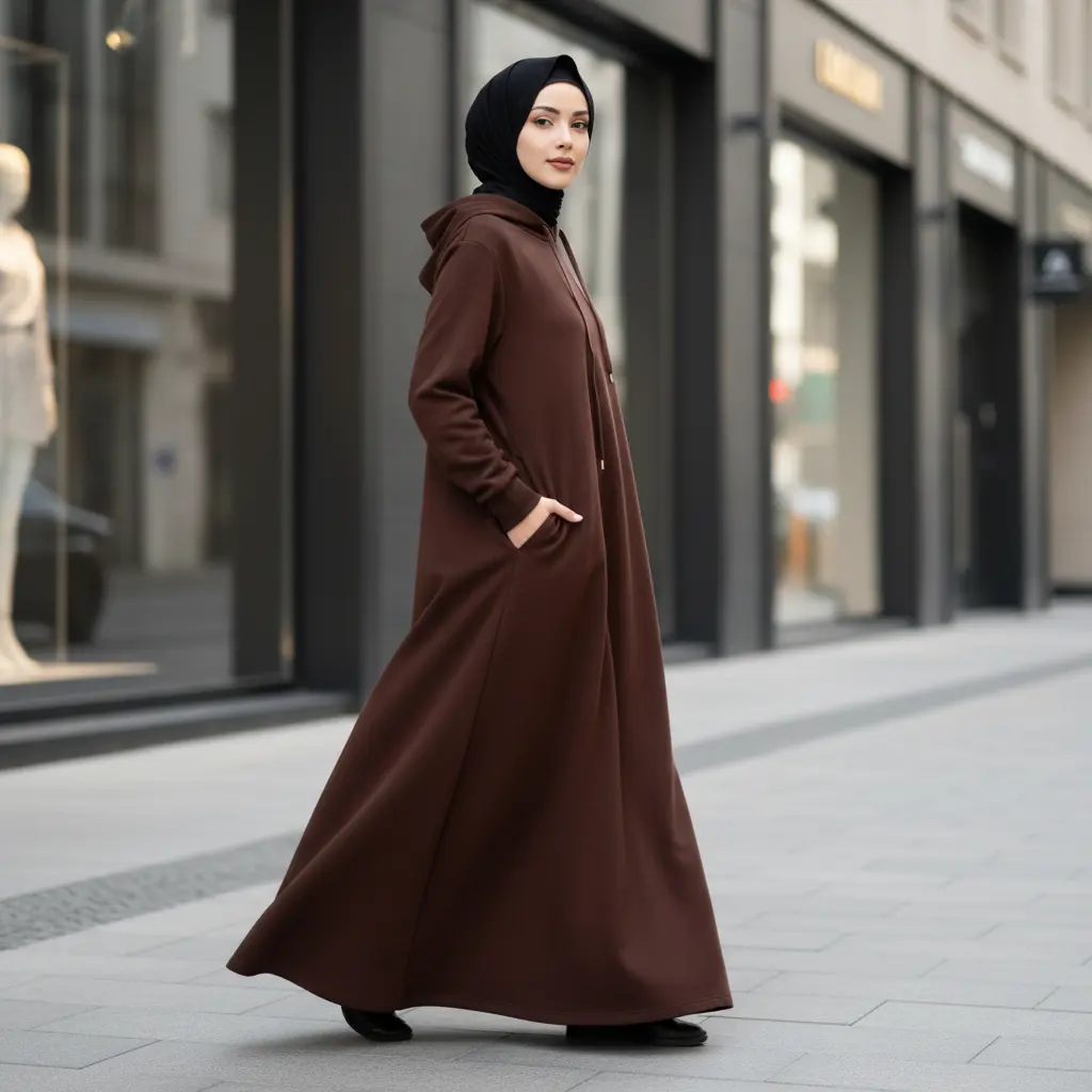 Sporty Hoodie Modesty Abaya for Women, Solid Color French Terry Pullover Dress with Pockets and Adjustable Drawstring Hood, Solid Color Abaya