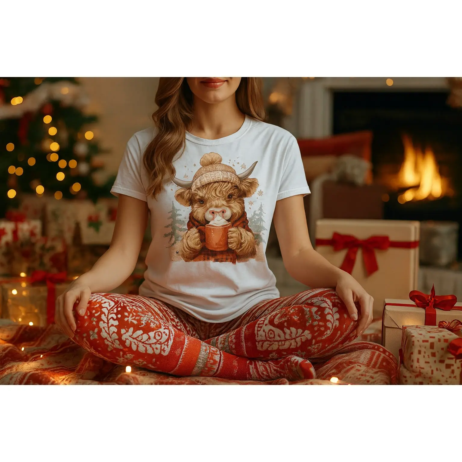 Highland Cow in Beanie Holding Mug T-Shirt | Cozy Winter Cow Illustration