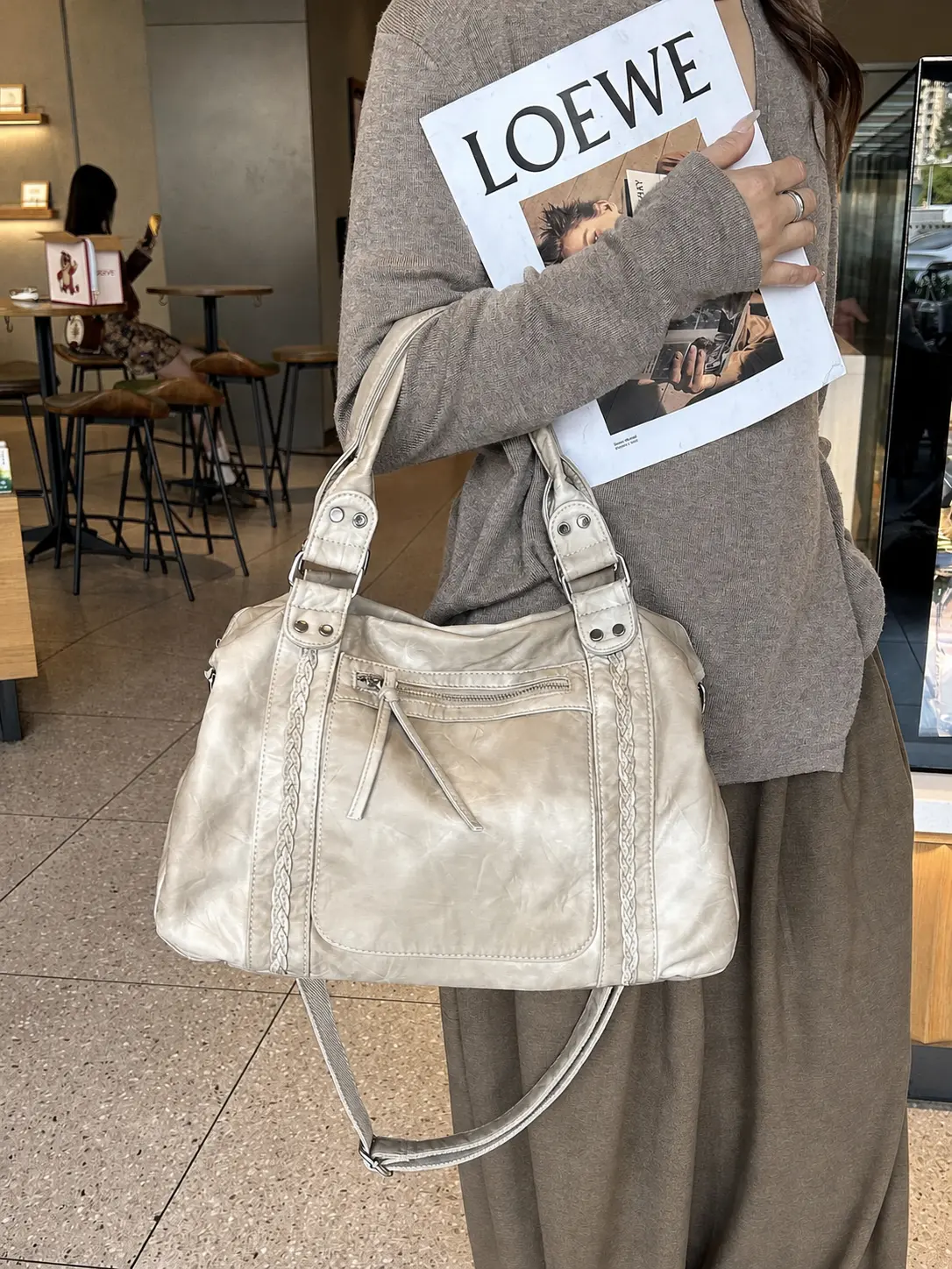 Women’s Large Washed Leather Tote Bag – Soft Casual Shoulder & Crossbody Handbag, Everyday Carryall