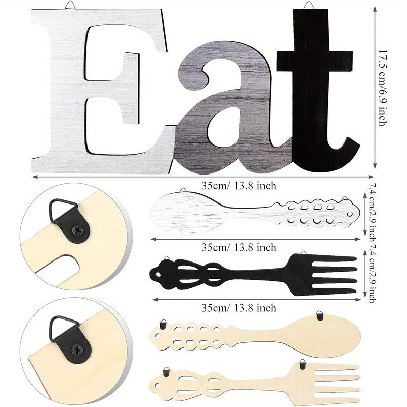 Eat Sign Set with Fork and Spoon Wall Decor Rustic Wood Country Art for Kitchen Home 35x17.5cm Durable Wooden Letters Stylish Colors Easy Hang Hooks Ornaments Hangable
