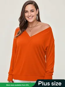 Plus Size V Neck Solid Color Long Sleeve Fitted Knit T-Shirt for Women, Casual Fall & Winter Fashion, Comfortable Ladies Top for Daily Wear, Knitwear
