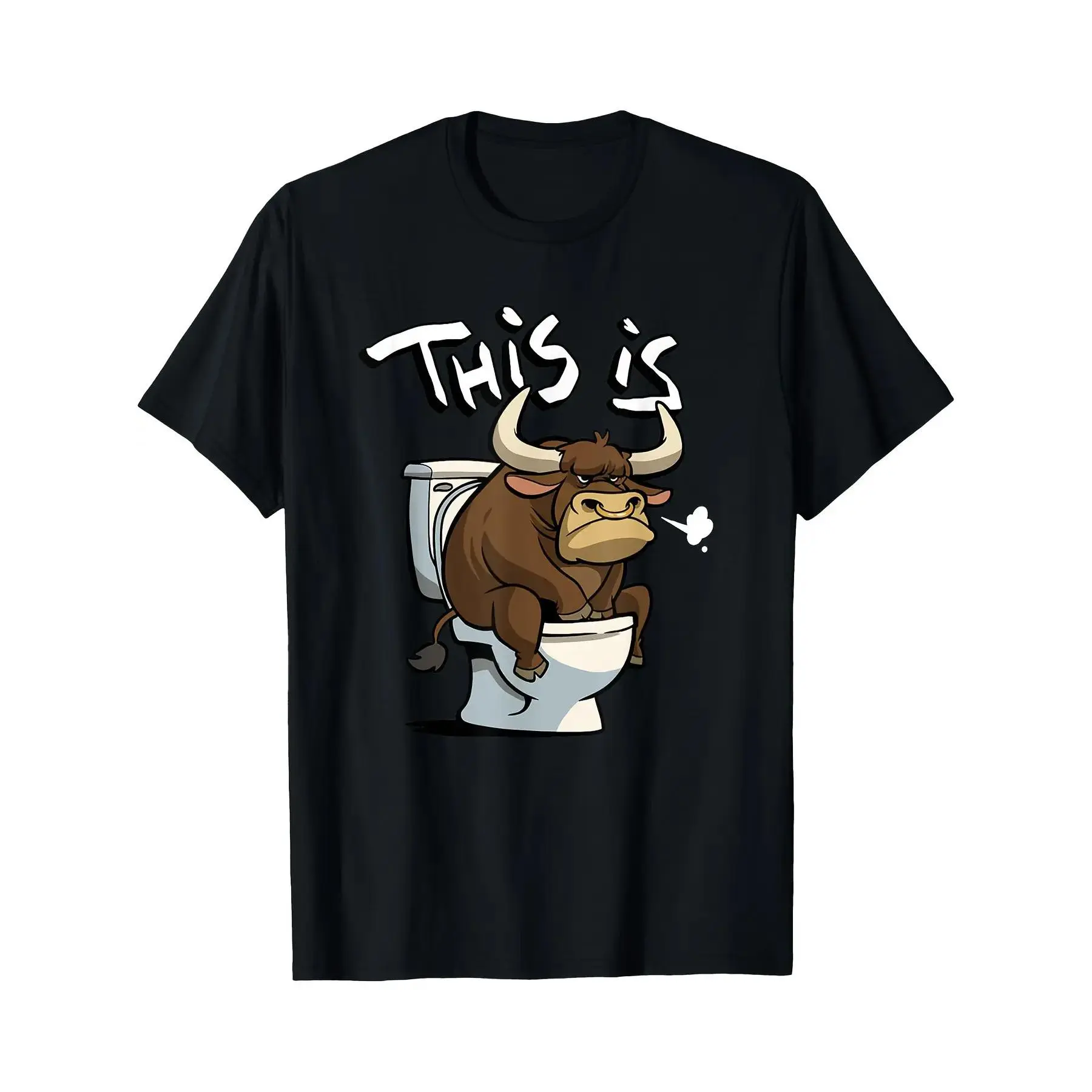 Men's 100% Cotton Funny Decor Graphic Tee Addict Short Sleeve Round Neck Tops - Menswear Regular Fit Casual Summer T-Shirt, Machine Washable, Angry Bull On Toilet Print, Shortsleeve, Cartoon Style, Humorous Message Men's Short-Sleeve T-Shirts, Sarcastic S