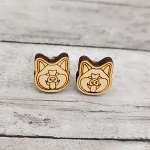 Akita Inu Wood Stud Earrings, Minimalist Dog Mom Jewelry, Japanese Akitainu Gift