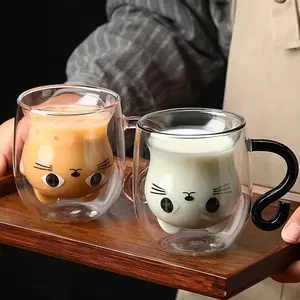 Cute Cat Theme Dual-Layer Glass Cup, 8.8oz Heat-Resistant Reusable with Handle, Ideal for Coffee Milk Breakfast, Perfect Gift