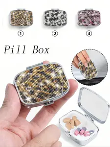 Luxury Sparkling Diamond Portable Square Pill Box, 2 Compartments Pill Storage, Also Can Be Used As Jewelry Organizer, Makeup Mirror, Supplement Organizer, Vitamin Organizer, Leopard, Pink Textured Patterns Organizer Box, Shiny Design, Mini Storage Box