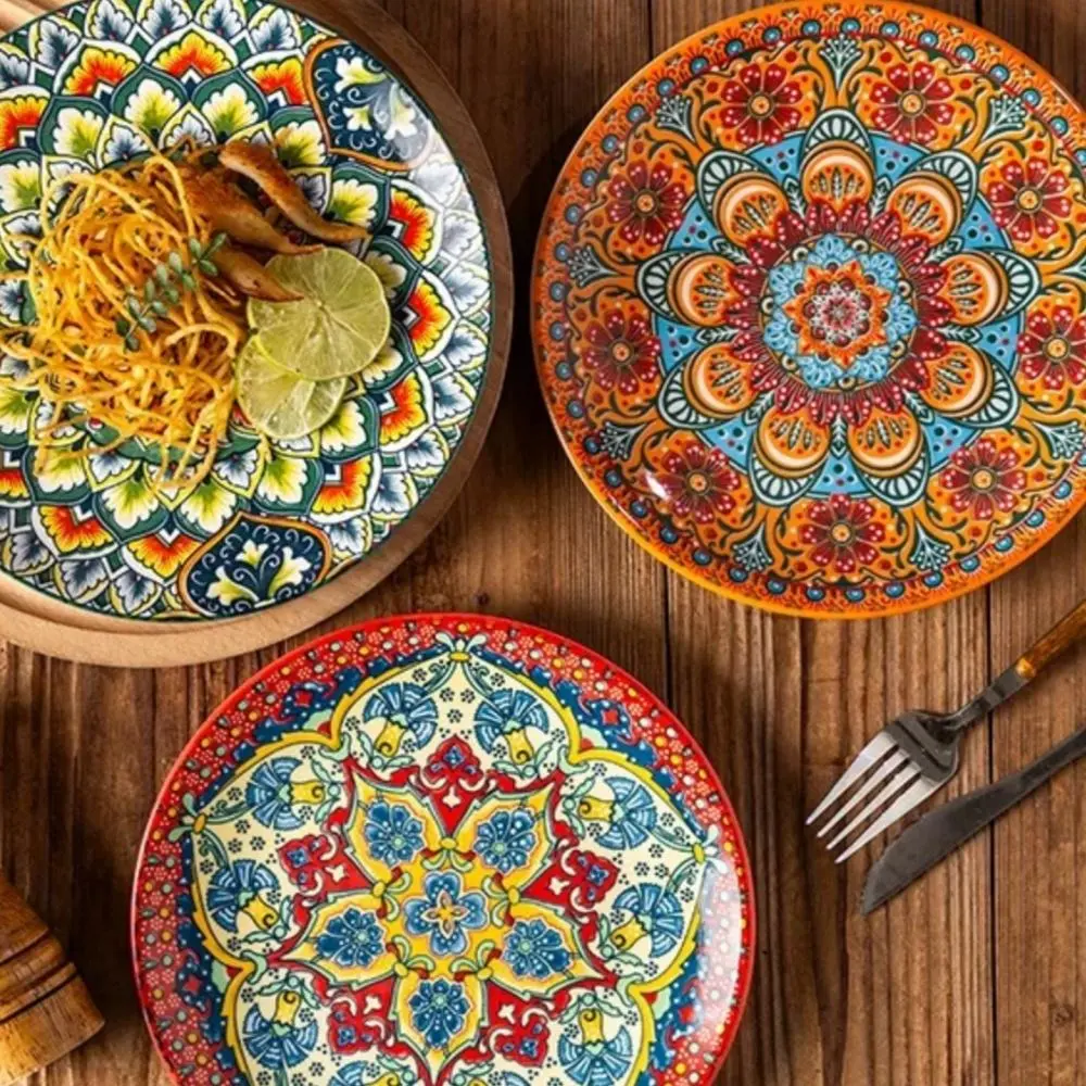 Round Ceramic Plate, 2 Counts Colorful Floral Pattern Dinner Plate, Serving Plate, Fruit Plate, Salad Plate, Kitchen Tableware