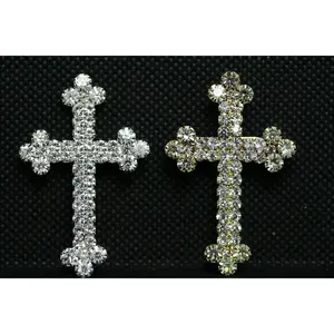 Stunning Silver and Gold Tone Crystal Rhinestone Christian Budded Cross Brooch Pin, Religious Cross Jewelry