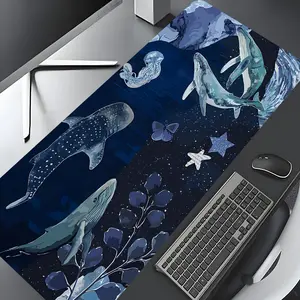 Blue Marine Life Whale Jellyfish Design Large Gaming Mouse Pad,Aesthetic Desktop Drotection Pad,Washable Rubber Pad Non-Slip Lock Edge Multi-Size Mouse Pad Suitable For Home Office, Office Desk Accessories,Good Gift for Family and Friends