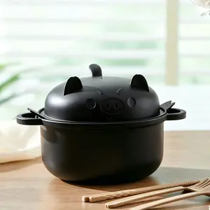 45oz Black Pig Shaped Soup Bowl Microwave Safe Unbreakable With Filter Basket Spoon Fork Chopsticks For Daily Use