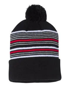 Atlantis Headwear Unisex 12" Striped Eco-Friendly Polyester Cuffed Beanie - Extra Long Pom-Pom Top Winter Hat, Polyester Clothing