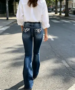 Women's Bootcut Jeans - Luscious Curvy Fit, Embellished Mid-Rise Insta Stretch Denim Bottoms, Casual Wear