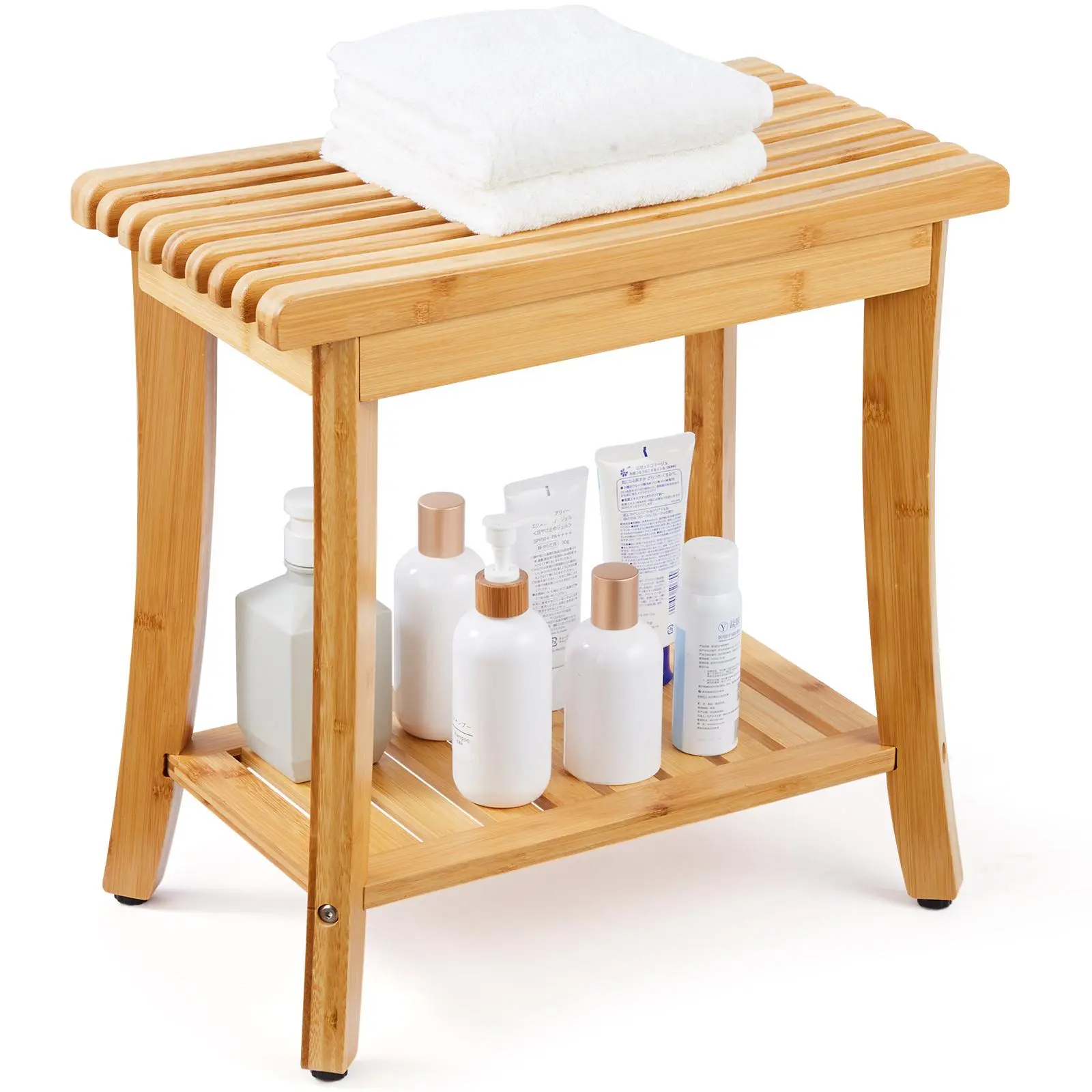 VEVOR Bamboo Shower Bench Bathroom Furniture, 19.1x11.3x18.3in Slotted Waterproof Bath Stool with Storage Shelf, 330lbs cap., Heavy-Duty Assembly-Required Spa Seat for Women, Living Rooms & Balconies Use