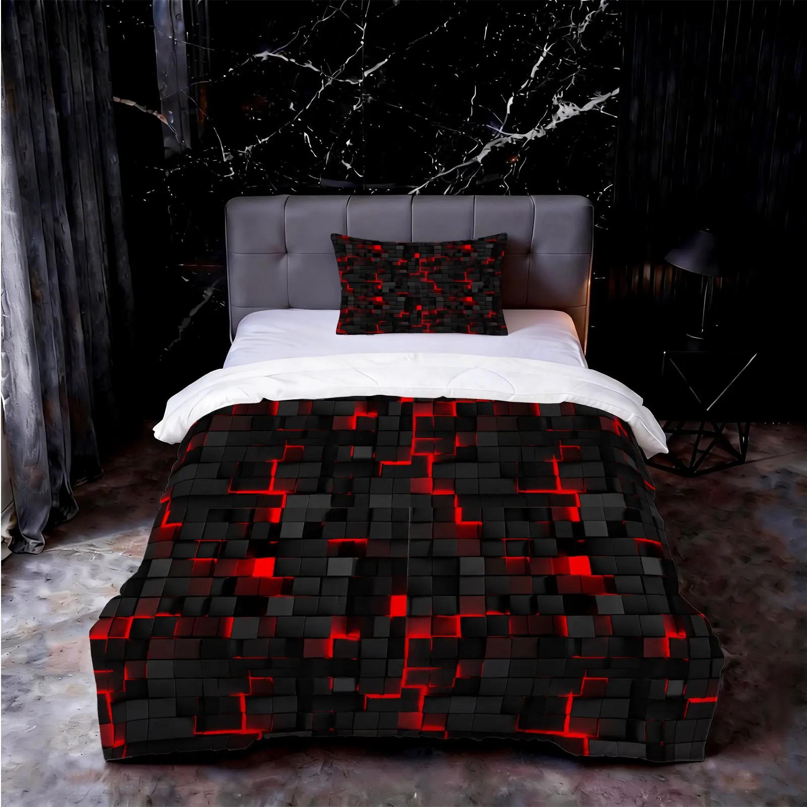 Black & Red Geometric Tech Grid Comforter Set, Cozy Bedding Set, 2/3 Pieces (1 Comforter + 1/2 Pillowcases, No Insert Included), Soft & Breathable Quilted Bedding, Ideal for Gamers' Bedrooms, Perfect Gift for Teens & Men