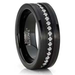 Mens Tungsten Ring Black Eternity Wedding Band Clear Cubic-Zirconia Comfort-fit 8MM